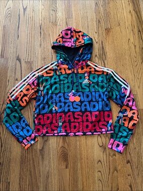 WOMENSNADIDAS x FARM RIO ANTHROPOLOGIE BODIES IN MOTION CROPPED HOODIE SZ SMALL